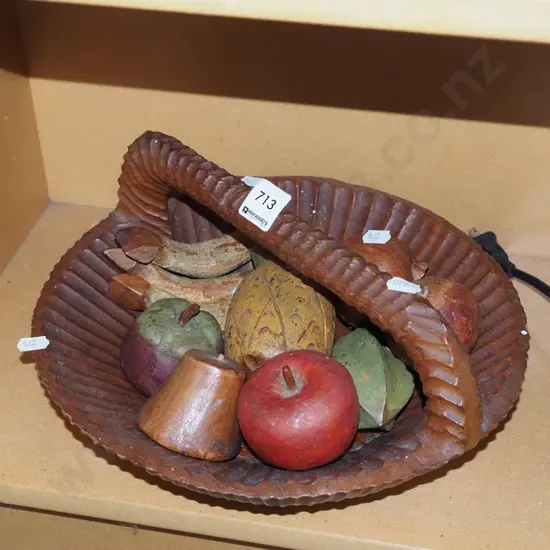 wooden basket, faux fruit