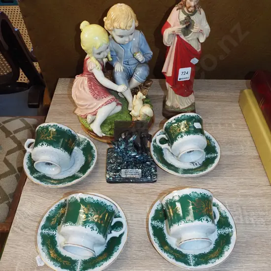 religious figurine, other figurines, cups, saucers, paua shell letter rack