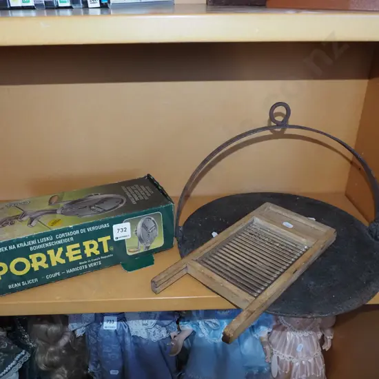 miniature wash board, bean slicer, cast iron skillet