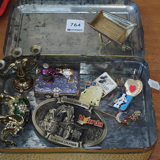 vintage tin, various miniatures, belt buckle