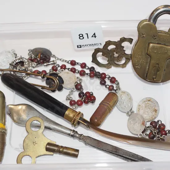 tray; padlock, thimbles, badges, clock key etc
