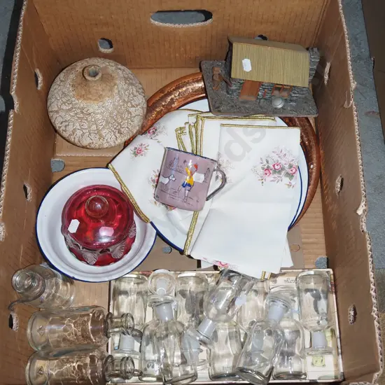 box; apothecary bottles, napkins, bowls etc