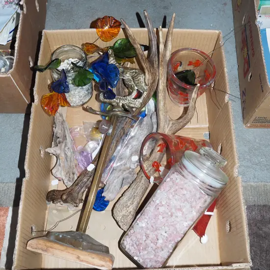 box; jar, polished stones, part fireside set etc