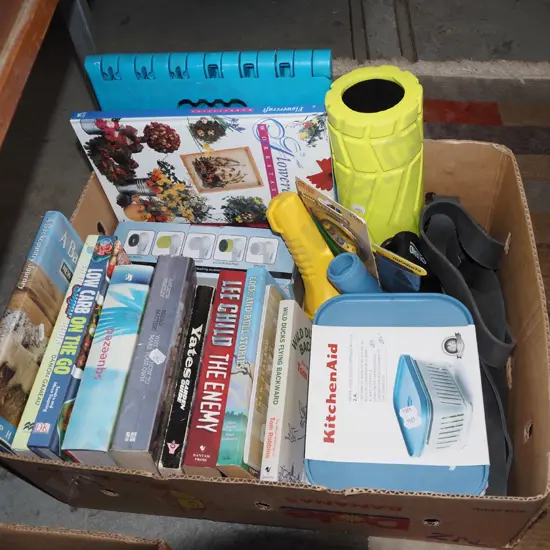box; food containers, books, vases, torch etc