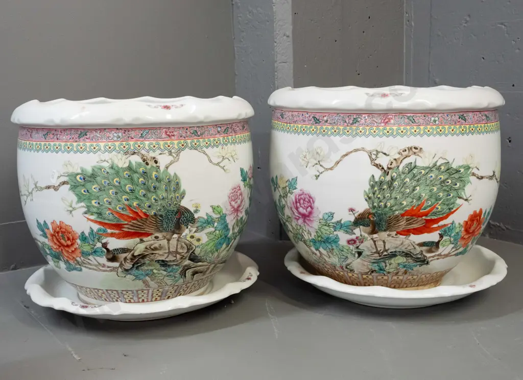 pair of large Chinese jardinieres with trays - peacock and peony decoration, character marks - some staining H-340 D-360 Image 1++