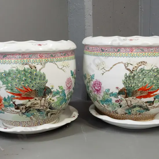 pair of large Chinese jardinieres with trays - peacock and peony decoration, character marks - some staining H-340 D-360