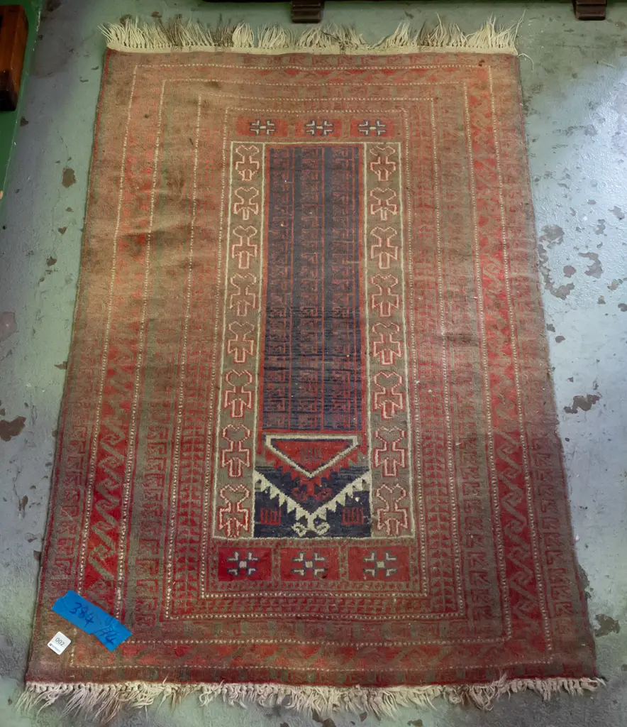 hand knotted wool tribal floor rug in very faded reds and blues - some wear L-1290 W-840 Image 1++