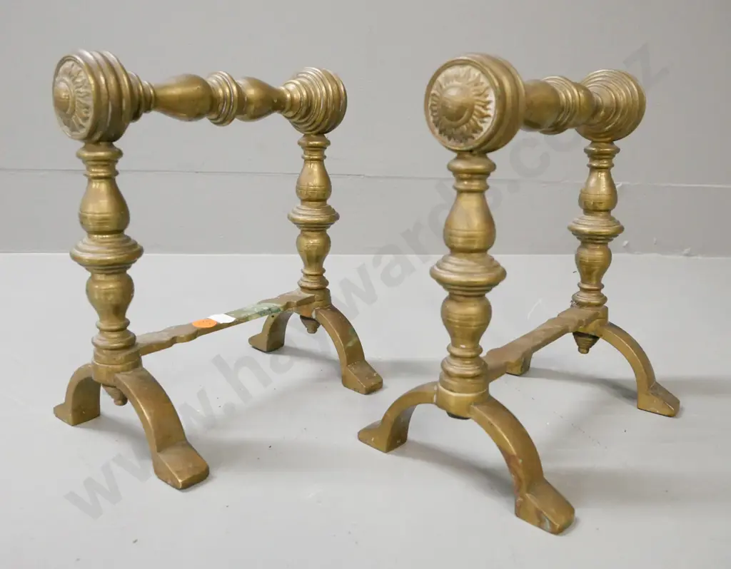 vintage brass fire implement stands. Turned uprights, sun motif to ends. Some corrosion. H-210 W-190 Image 1++