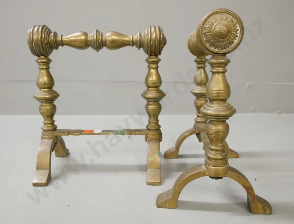 vintage brass fire implement stands. Turned uprights, sun motif to ends. Some corrosion. H-210 W-190 Image 1++