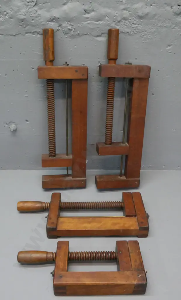 4x wooden clamps, graduated sizes, w/ brass guide rail and threaded wooden adjuster.  2 w/ some evidence of borer. Image 1++