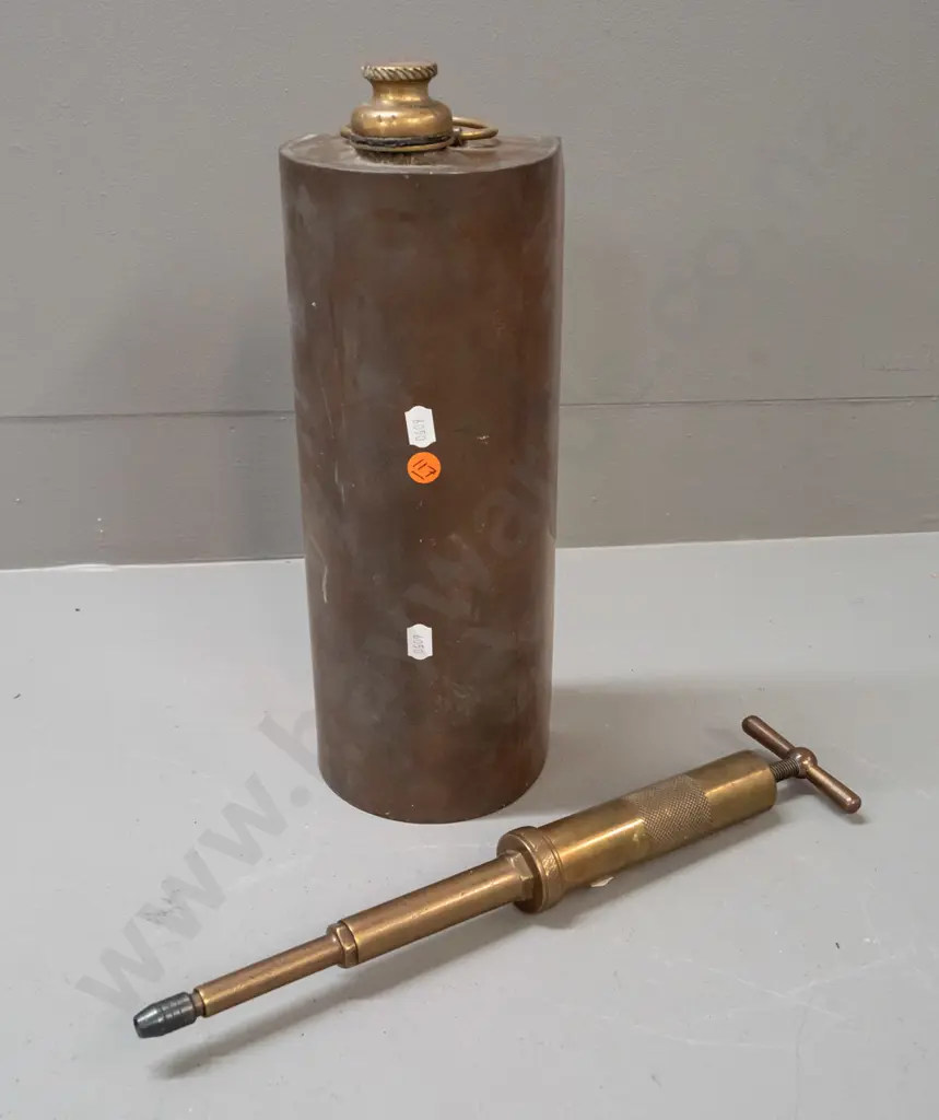 vintage brass Enot's "Autoram" telescoping grease gun and a copper tank with half round profile, brass handle and cap Image 1++