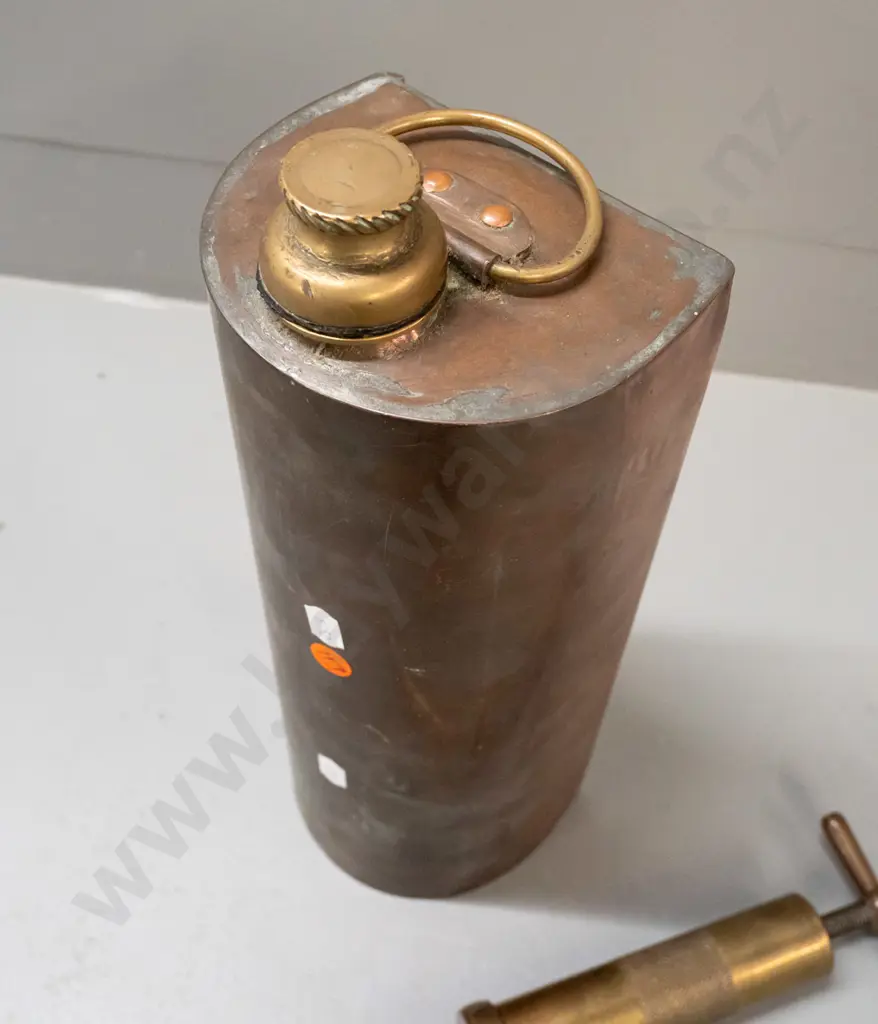vintage brass Enot's "Autoram" telescoping grease gun and a copper tank with half round profile, brass handle and cap Image 1++