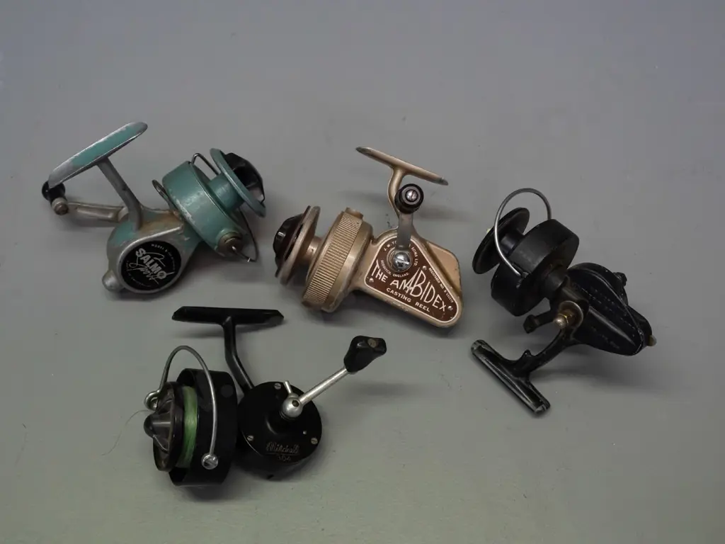 4 fishing spinning reels - Ambidex, Salmo Switzerland, Morritts and Mitchell - overall wear and some damage Image 1++