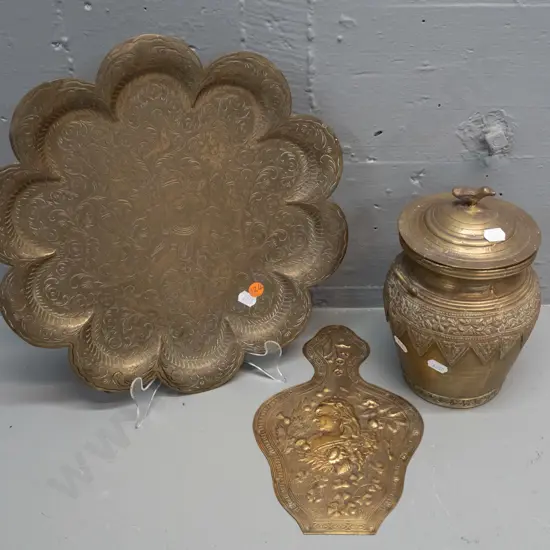 brass plaque (from bellows?) with Queen Victoria profile and 2 pieces of Indian brass ware with etched decoration -