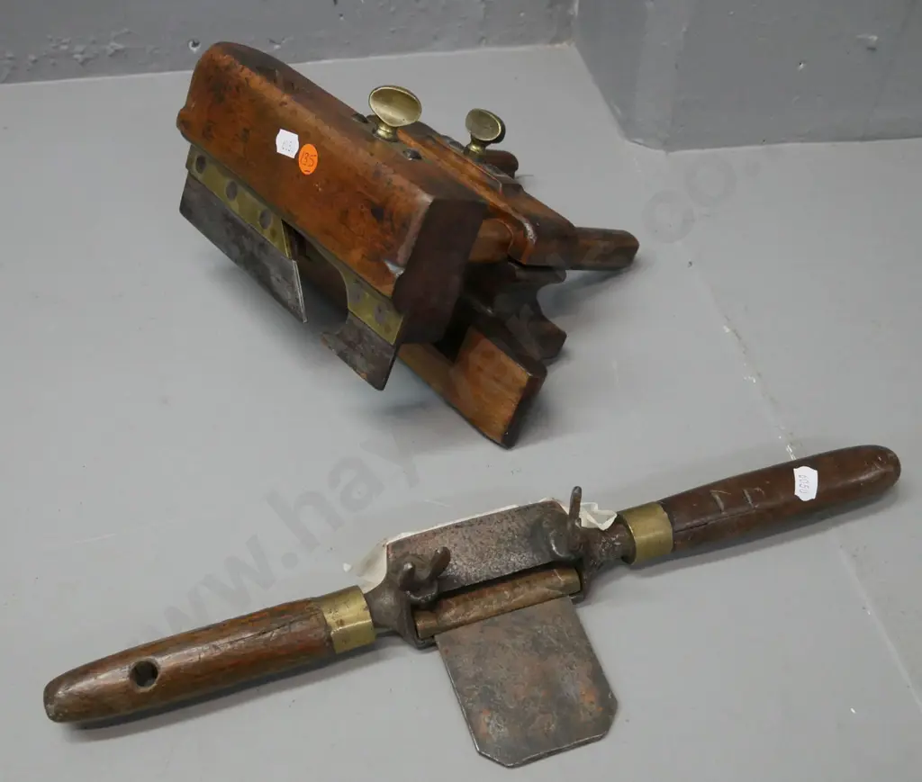 vintage wooden moulding plane with guide, early spoke shave. Wooden handles. Pitting and corrosion to blade and housing Image 1++