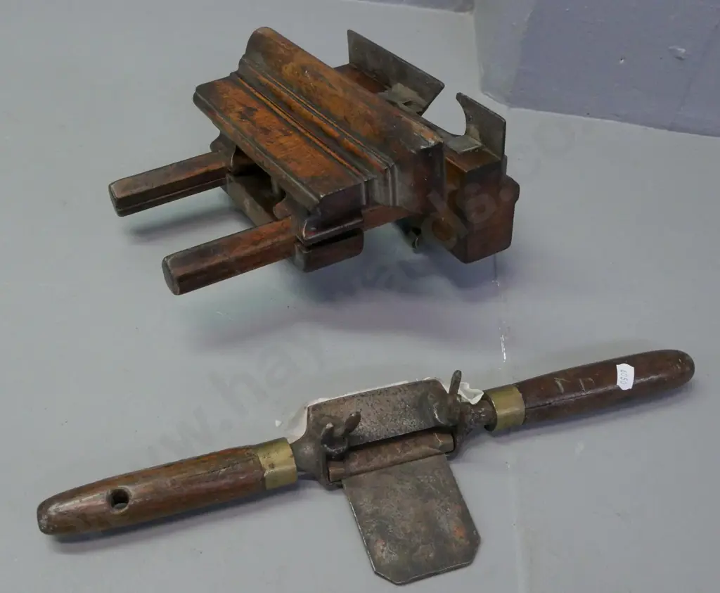 vintage wooden moulding plane with guide, early spoke shave. Wooden handles. Pitting and corrosion to blade and housing Image 1++