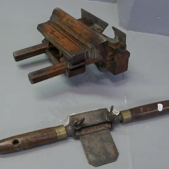 vintage wooden moulding plane with guide, early spoke shave. Wooden handles. Pitting and corrosion to blade and housing