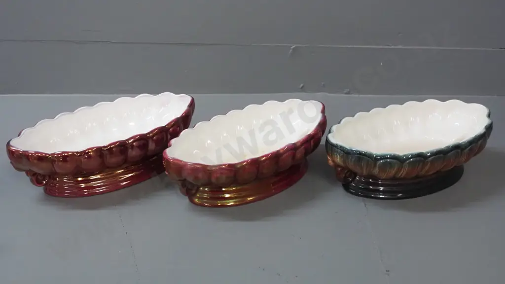 3 Crown Lynn / Titian Ware lobed shape trough vases - 2 are lustre glaze, all marked Titian on base, H-85 L-260 Image 1++