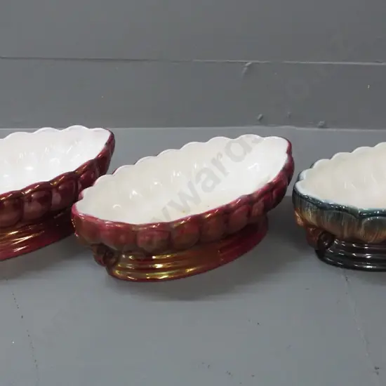 3 Crown Lynn / Titian Ware lobed shape trough vases - 2 are lustre glaze, all marked Titian on base, H-85 L-260