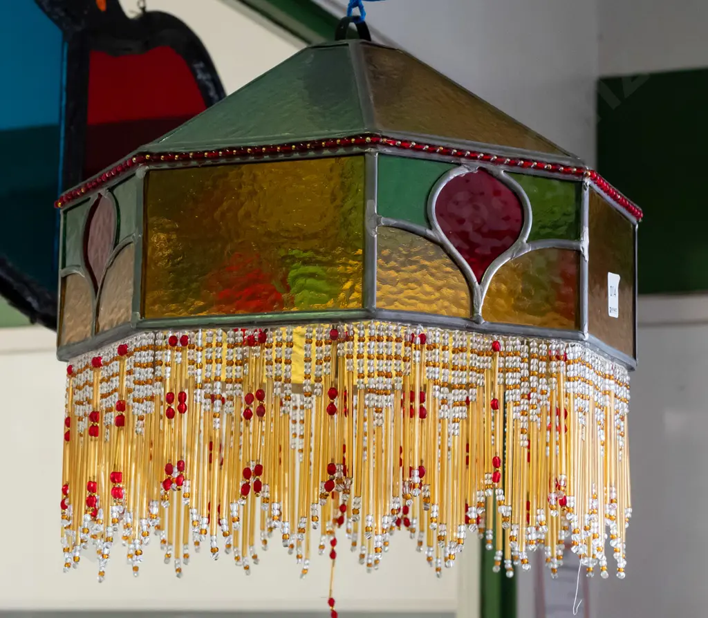 hanging leadlight art nouveau style shade with glass beaded fringe. H-240 (minus fringe) D-340 Image 1++