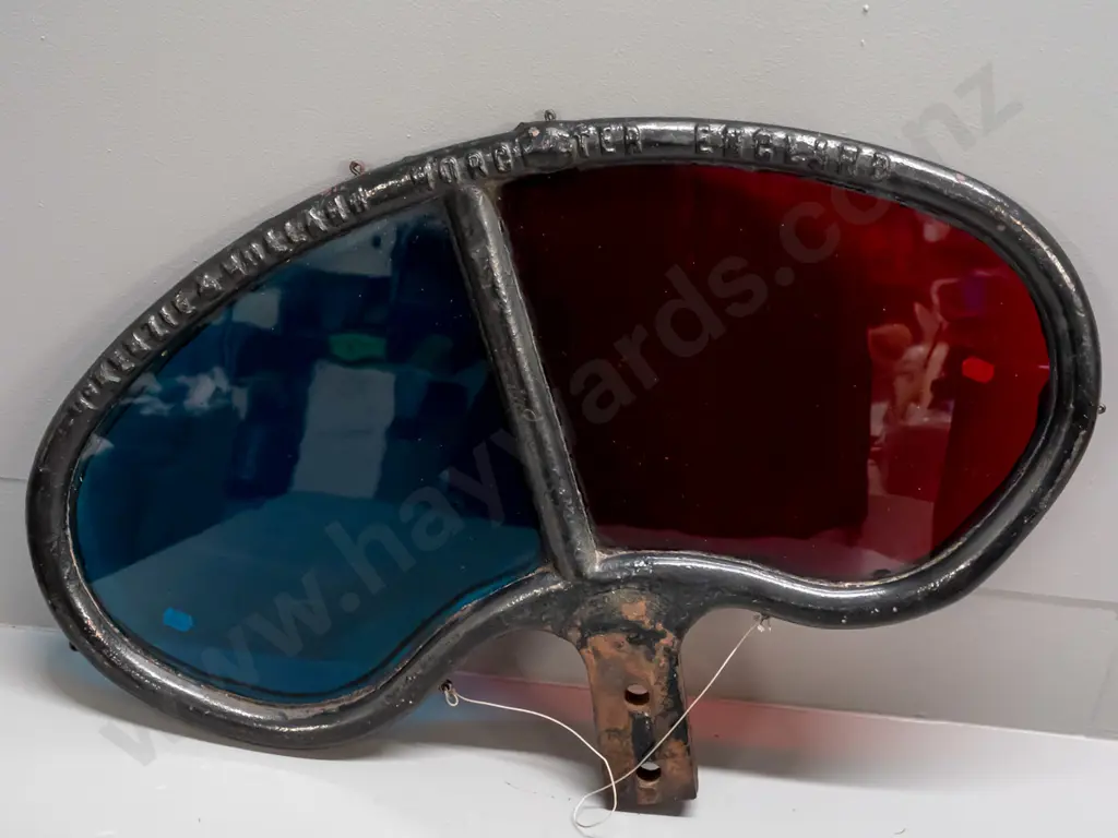 cast metal railway signal "spectacle" marked McKenzie & Holland Worcester England - with blue and red glass panels, Image 1++