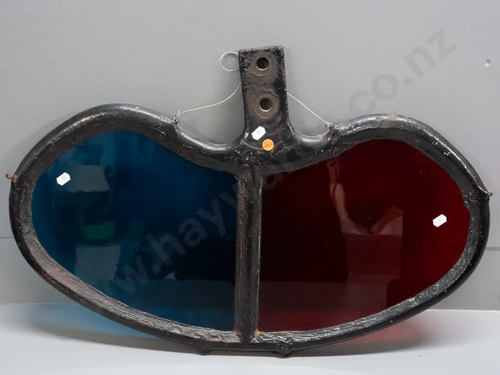 cast metal railway signal "spectacle" marked McKenzie & Holland Worcester England - with blue and red glass panels, Image 1++
