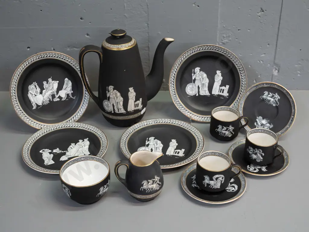 antique Pratt Ware "Old Greek" pattern coffee pot, cream & sugar, 3 cups & saucers, 4 plates - crazing inside, crack to Image 1++