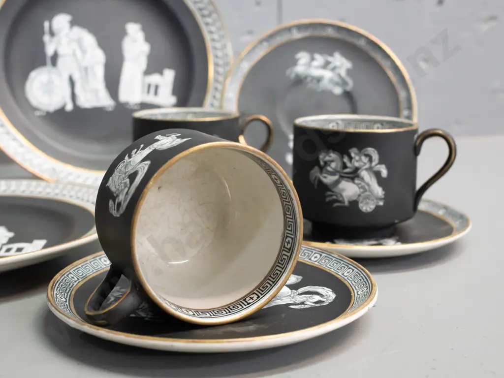 antique Pratt Ware "Old Greek" pattern coffee pot, cream & sugar, 3 cups & saucers, 4 plates - crazing inside, crack to Image 1++