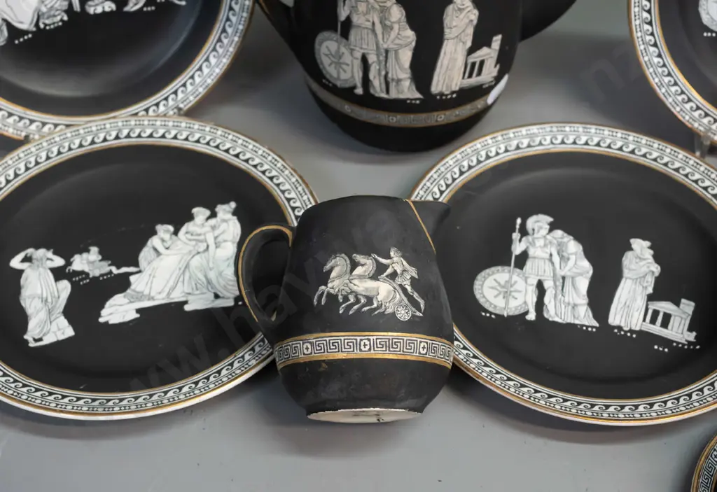 antique Pratt Ware "Old Greek" pattern coffee pot, cream & sugar, 3 cups & saucers, 4 plates - crazing inside, crack to Image 1++
