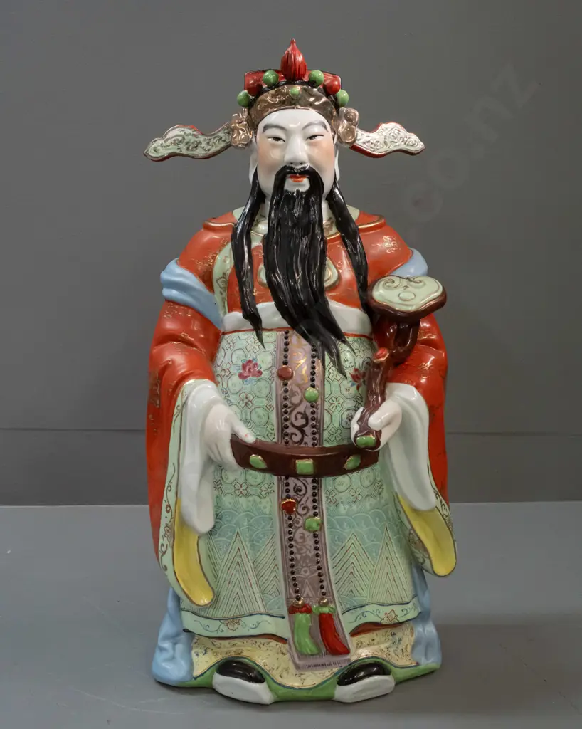 large Chinese hand painted figure with separate loose head-dress pieces, character marks on base H-520 W-260 Image 1++