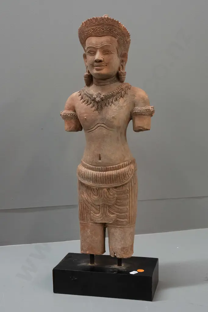 Cambodian carved sandstone figure on stand - stand needs attention - black plastic sections coming loose. H-570 W-200 Image 1++