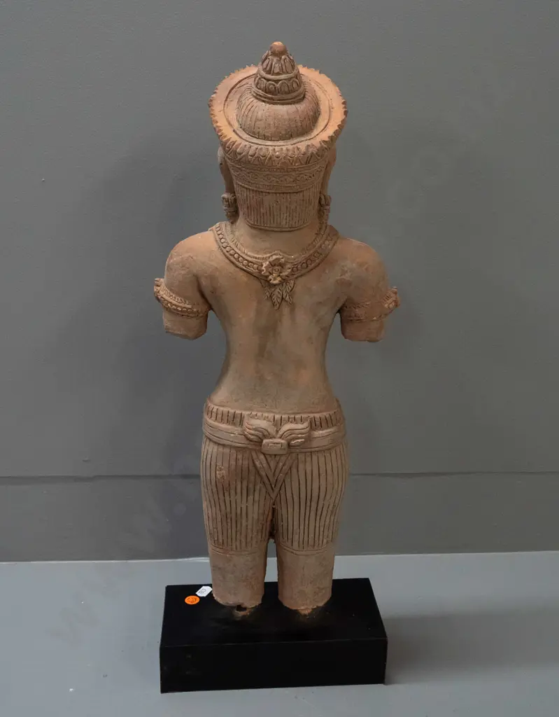 Cambodian carved sandstone figure on stand - stand needs attention - black plastic sections coming loose. H-570 W-200 Image 1++
