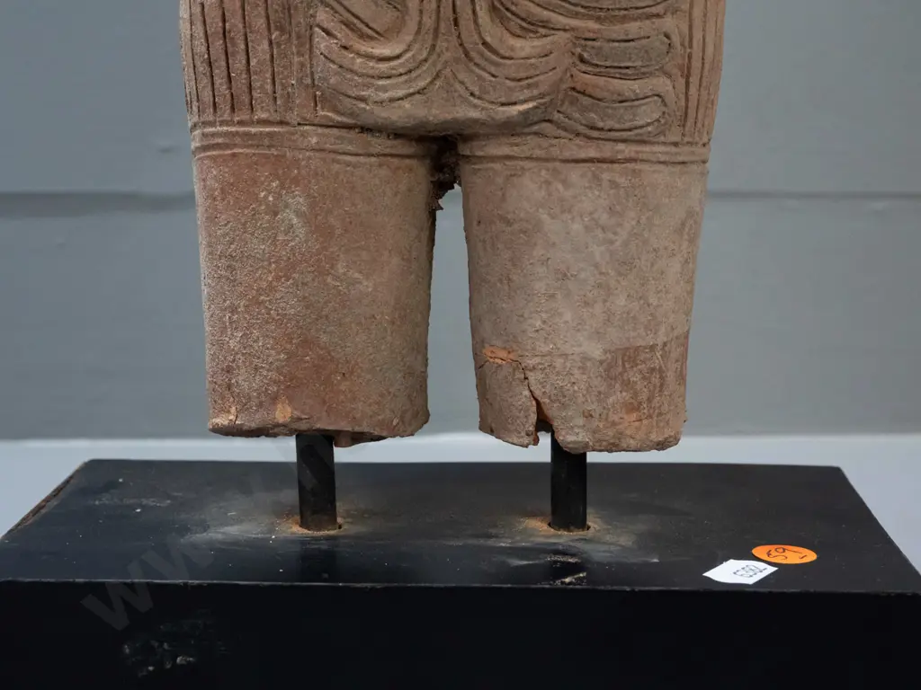 Cambodian carved sandstone figure on stand - stand needs attention - black plastic sections coming loose. H-570 W-200 Image 1++