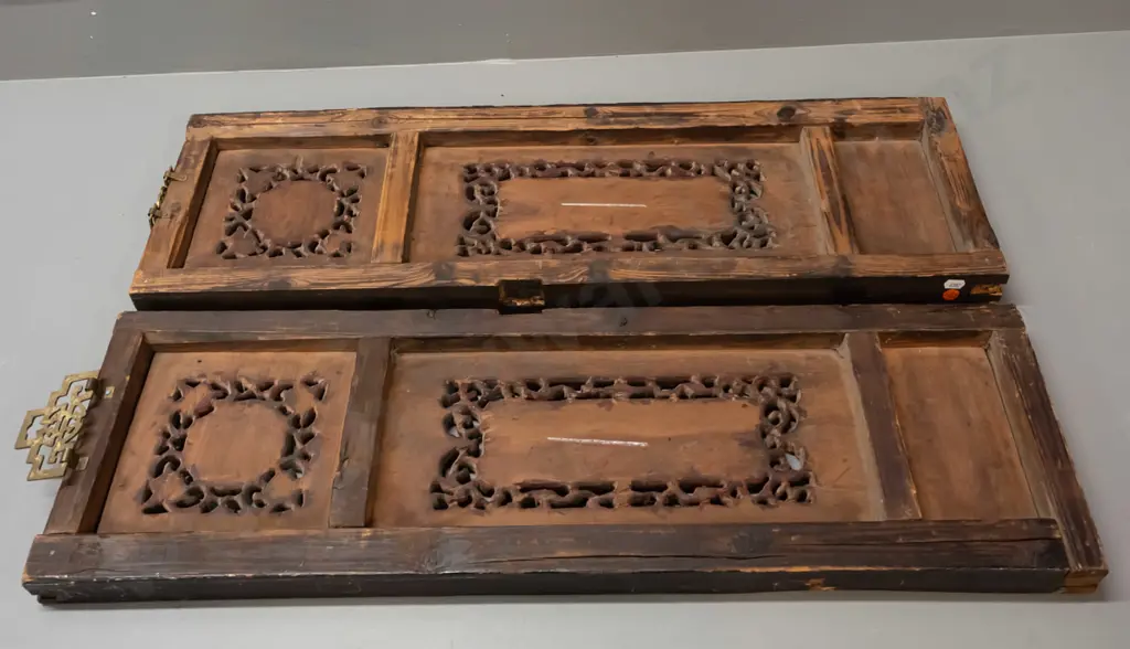 pair of Chinese shutters or panels w/ pierced carved panels, polychrome and gilt finish, new hanging clips have been Image 1++