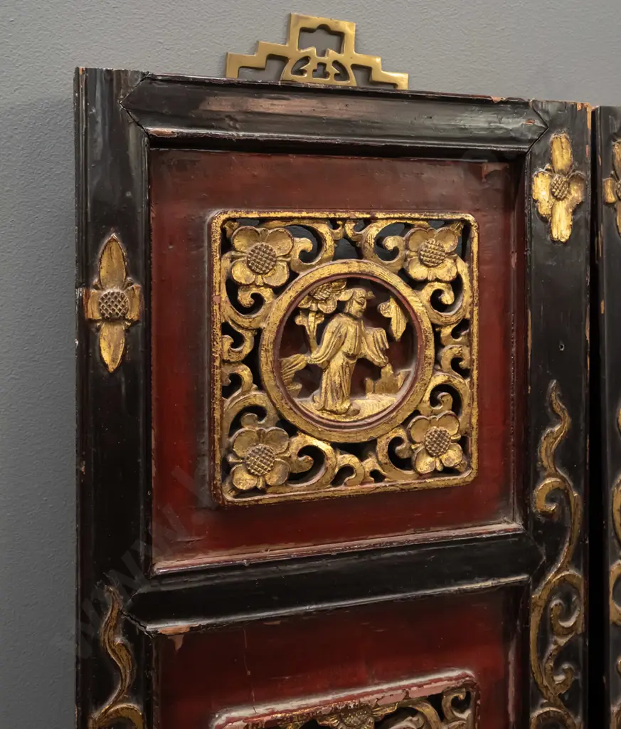 pair of Chinese shutters or panels w/ pierced carved panels, polychrome and gilt finish, new hanging clips have been Image 1++