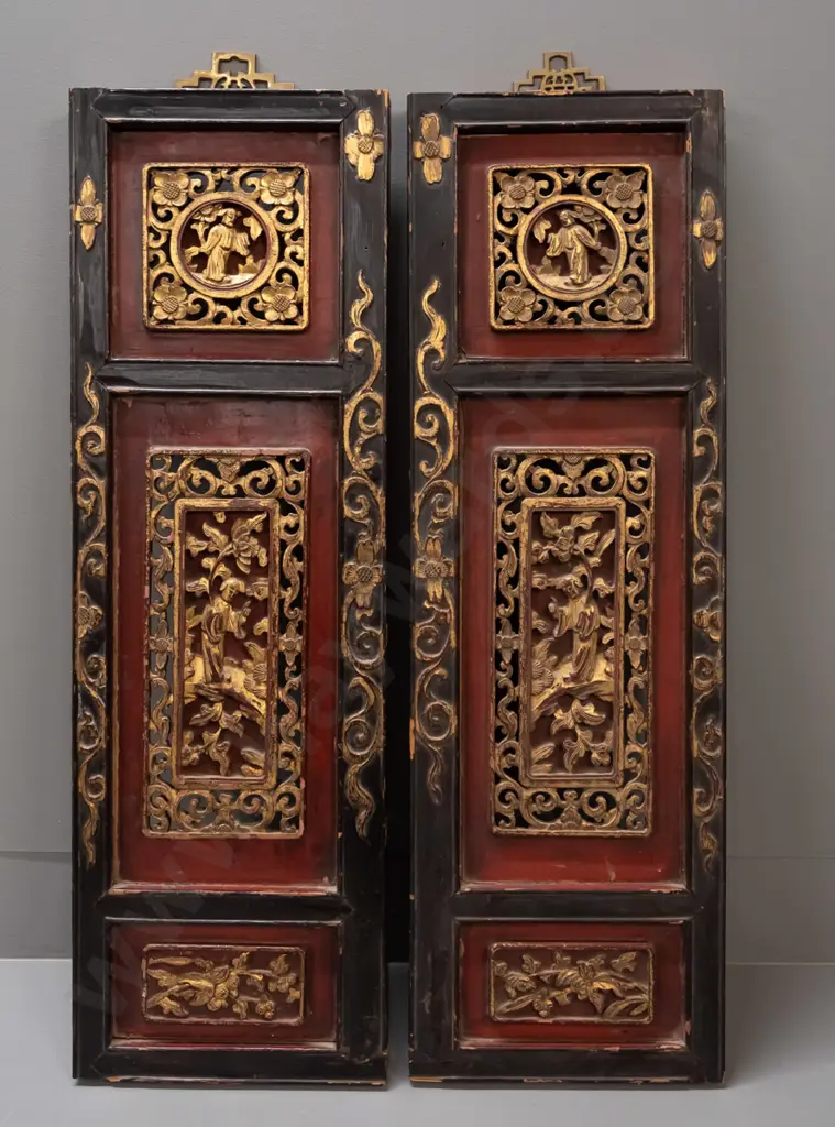 pair of Chinese shutters or panels w/ pierced carved panels, polychrome and gilt finish, new hanging clips have been Image 1++