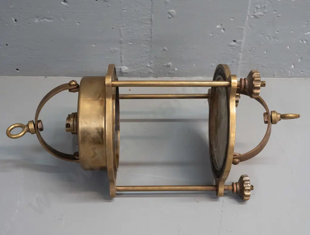 vintage Italian brass marine lantern housing with 3 closure screws, no glass insert, see photo for markings H-380 Image 1++
