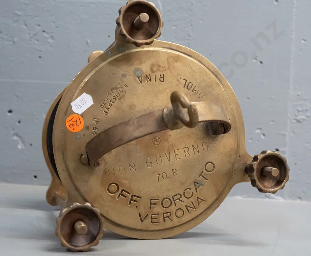 vintage Italian brass marine lantern housing with 3 closure screws, no glass insert, see photo for markings H-380 Image 1++