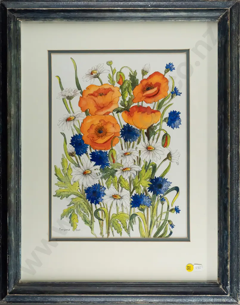 Margaret Bell - framed ink & watercolour "Summer flowers" H340 W250 Image 1++