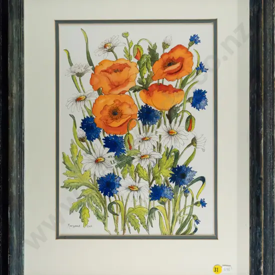 Margaret Bell - framed ink & watercolour "Summer flowers" H340 W250