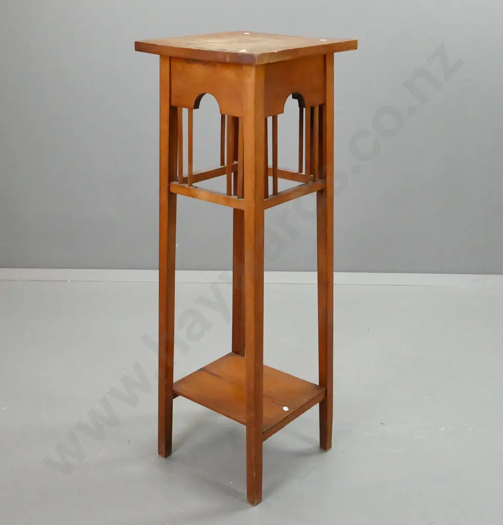 rimu art and crafts style 2-tier plant stand with arched sides and slatted gallery. Staining and deterioration to finish Image 1++