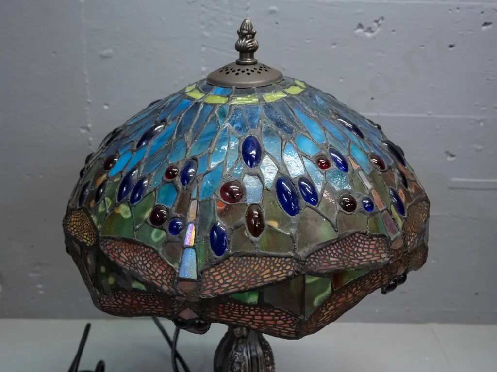 reproduction Tiffany style dragonfly motif leadlight lamp with patinated cast metal base - slight movement to shade Image 1++
