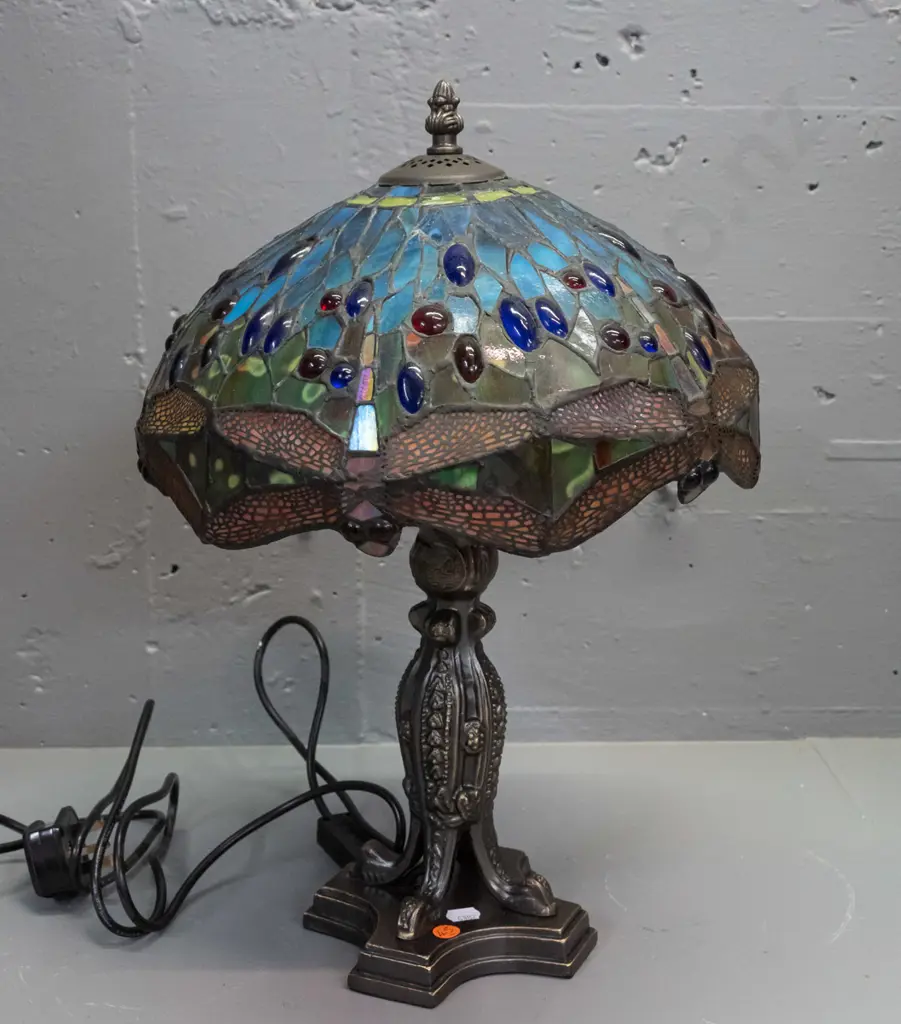 reproduction Tiffany style dragonfly motif leadlight lamp with patinated cast metal base - slight movement to shade Image 1++