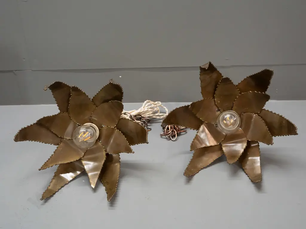 pair of hand made brass leaf-shaped hanging light fittings - some leaves bent, some corrosion to fittings H-320 D-270 Image 1++
