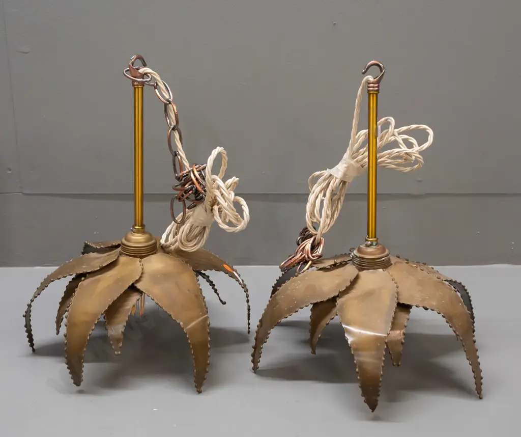 pair of hand made brass leaf-shaped hanging light fittings - some leaves bent, some corrosion to fittings H-320 D-270 Image 1++