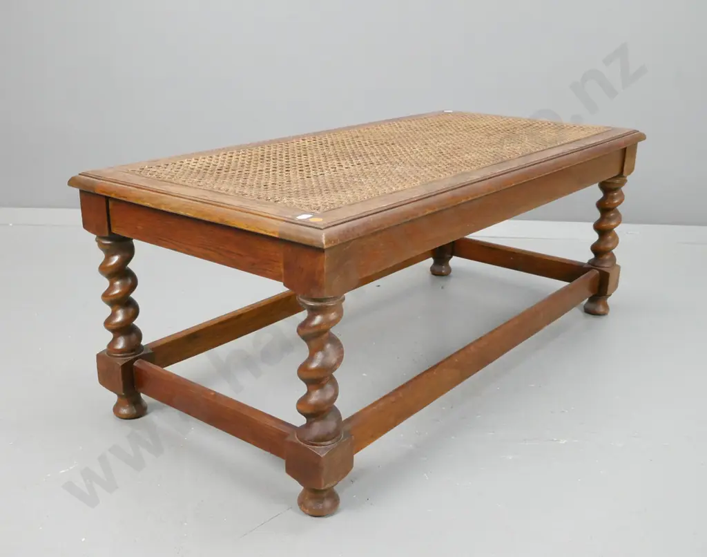 vintage oak cane-top bench seat with Jacobean twist legs, square section stretcher base H-360 W-930 D-440 Image 1++