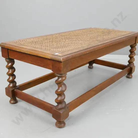 vintage oak cane-top bench seat with Jacobean twist legs, square section stretcher base H-360 W-930 D-440