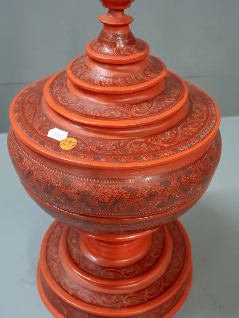 Burmese Hsun-ok (food carrier) - 4 piece construction, red cinnabar lacquer & timber in stupa shape H-440 D-210 Image 1++