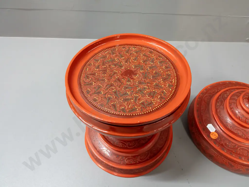 Burmese Hsun-ok (food carrier) - 4 piece construction, red cinnabar lacquer & timber in stupa shape H-440 D-210 Image 1++