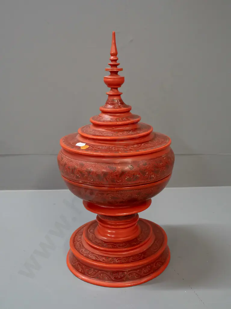 Burmese Hsun-ok (food carrier) - 4 piece construction, red cinnabar lacquer & timber in stupa shape H-440 D-210 Image 1++